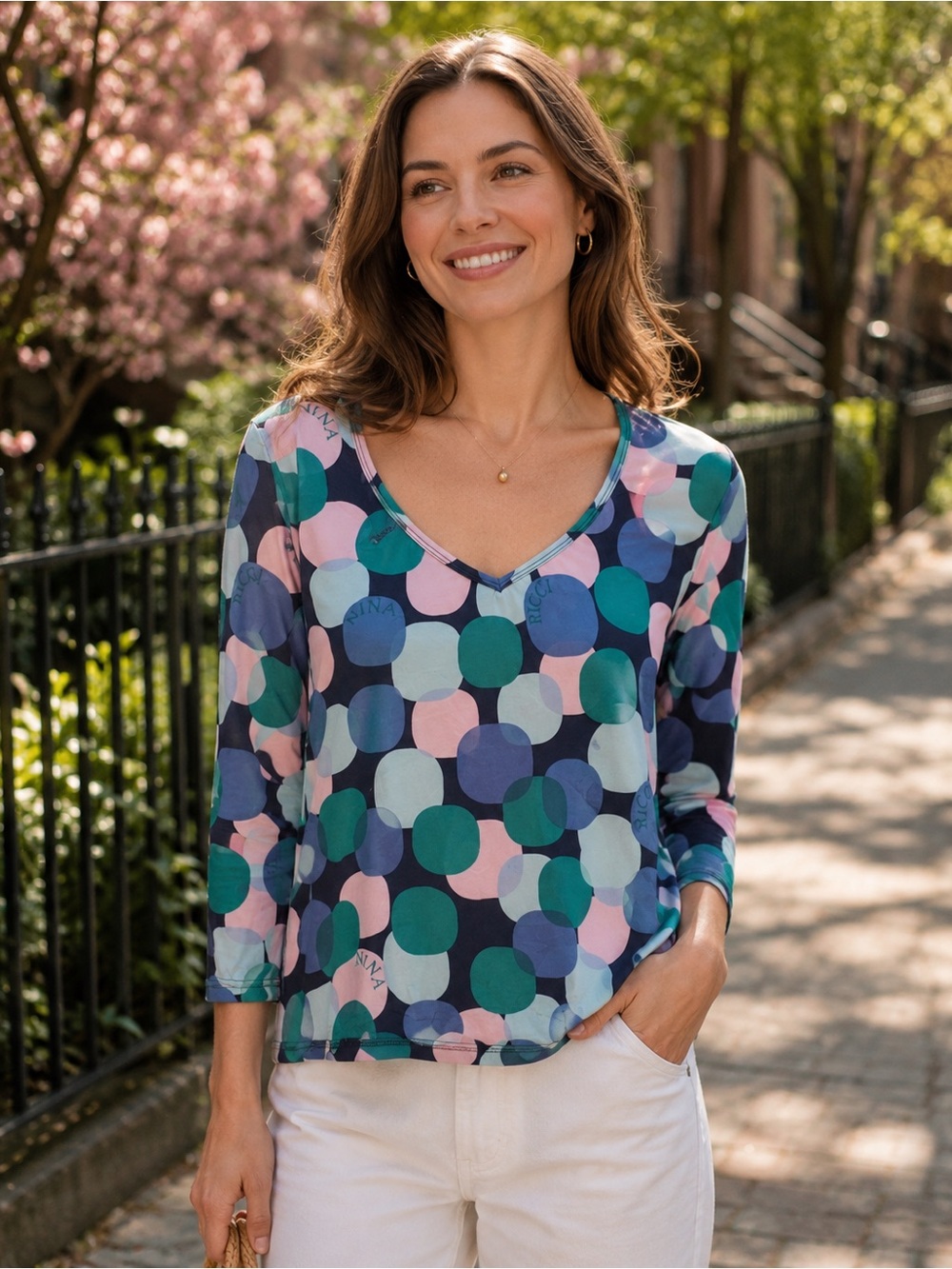Nina Ricci Multicolor Polka Dot V-Neck Blouse